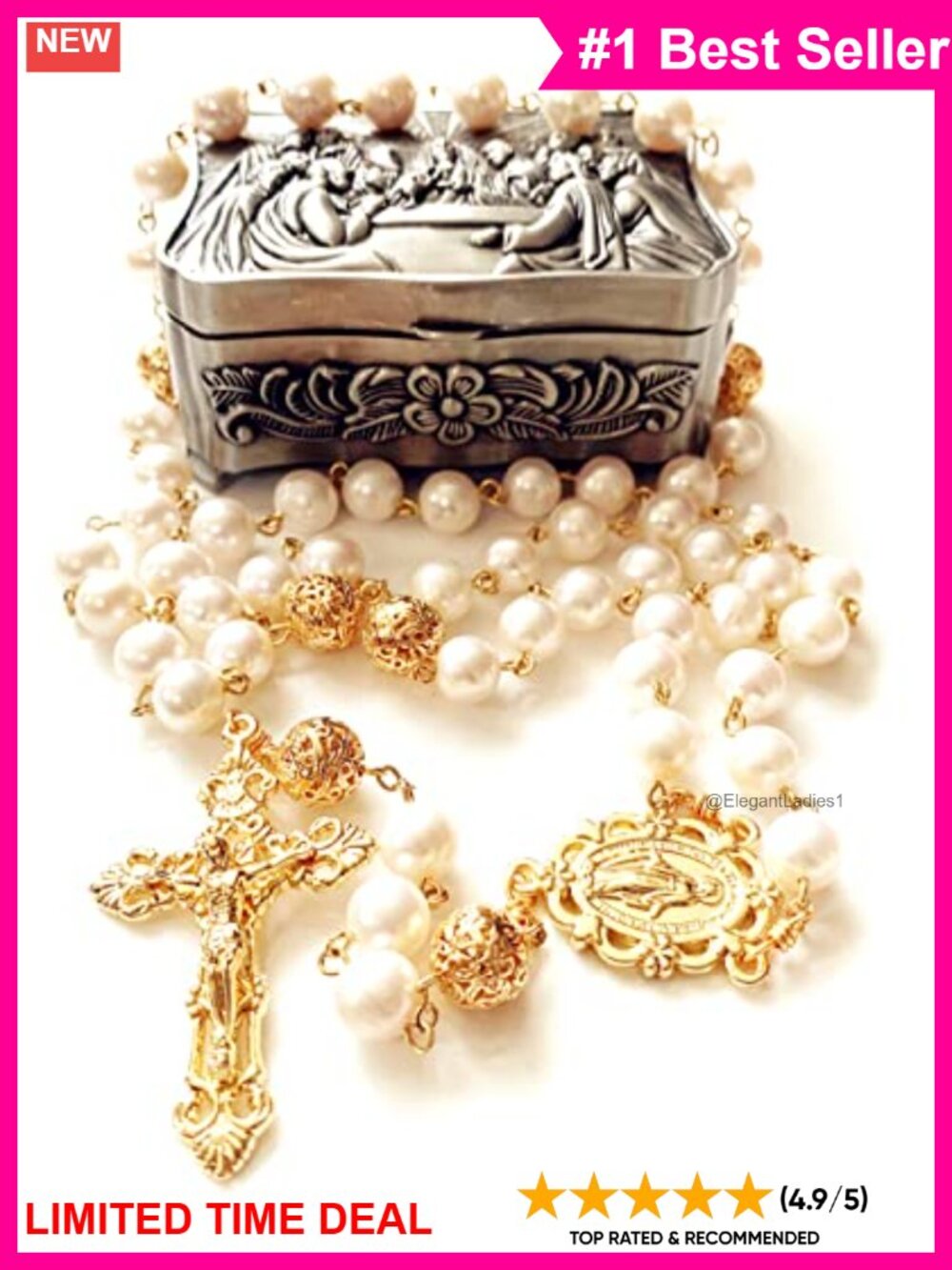 Real Pearl Rose Bead Catholic Rosary Cross Necklace Last Supper Box